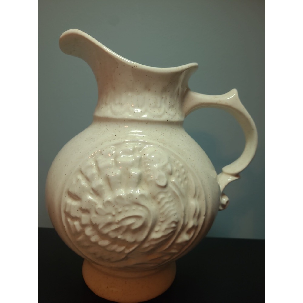 Vintage 1968 McCoy Art Pottery Speckled Cream Turkey Cameo Pattern 64oz. Pitcher